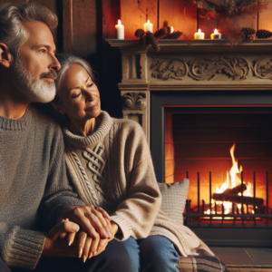 A couple sitting by the fireplace. This evokes warmth, closeness, and a desire to keep the spark alive.