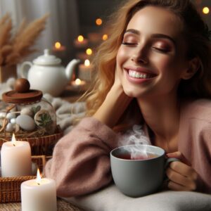 A woman relaxing with a cup of tea and surrounded by scented candles