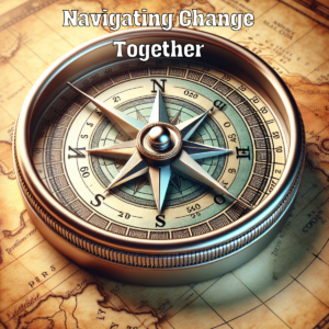 A compass which represents navigating change together and finding your way through a new phase