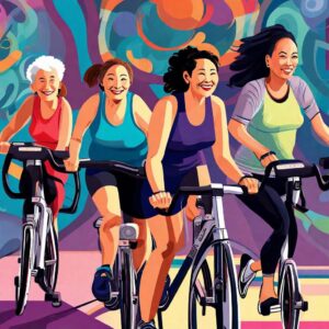 A group of women over 40 riding bicycles to exercise